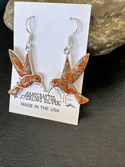 Orange Spiny Oyster Opal Sterling Silver Hummingbird Dangle Earrings 18552