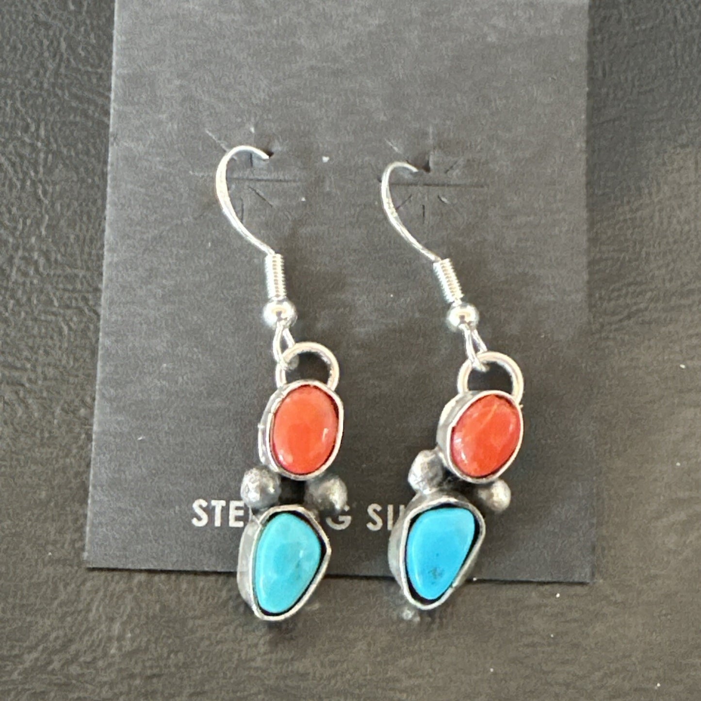 Handmade Blue Turquoise Red Coral Sterling Silver Navajo Dangle Earrings 18842