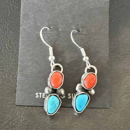 Handmade Blue Turquoise Red Coral Sterling Silver Navajo Dangle Earrings 18842