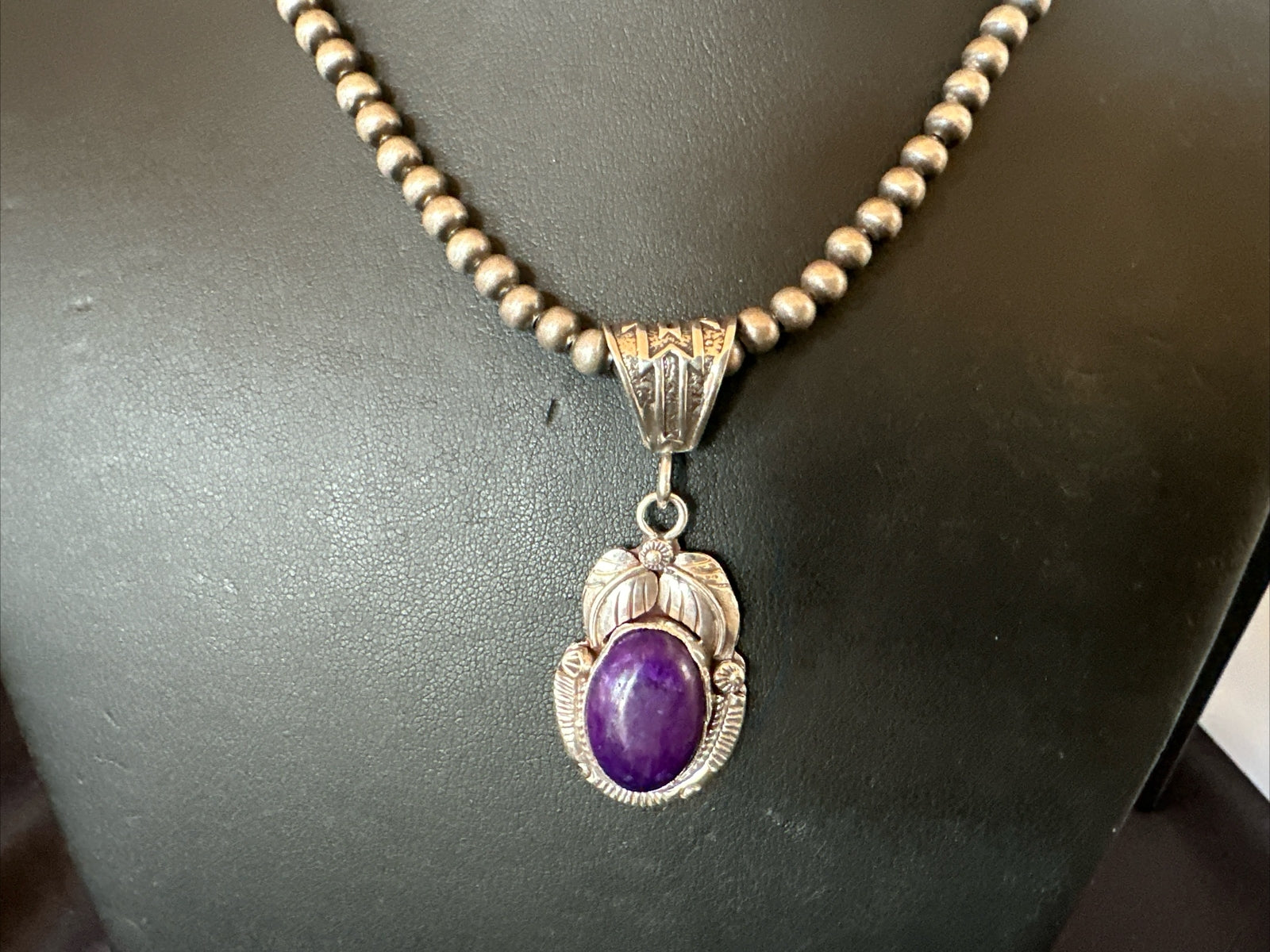 Purple Stone Pendant Navajo Pearls Sterling Silver Necklace 20” 18049