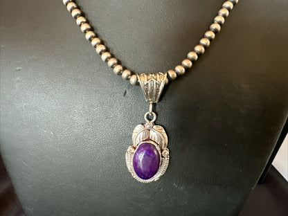 Purple Stone Pendant Navajo Pearls Sterling Silver Necklace 20” 18049