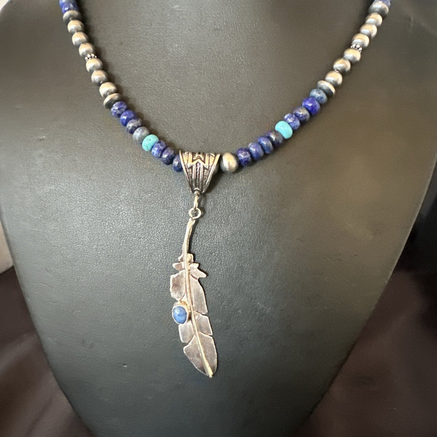 Blue Turquoise Lapis Feather Pendant Navajo Sterling Silver Necklace 21” 17789