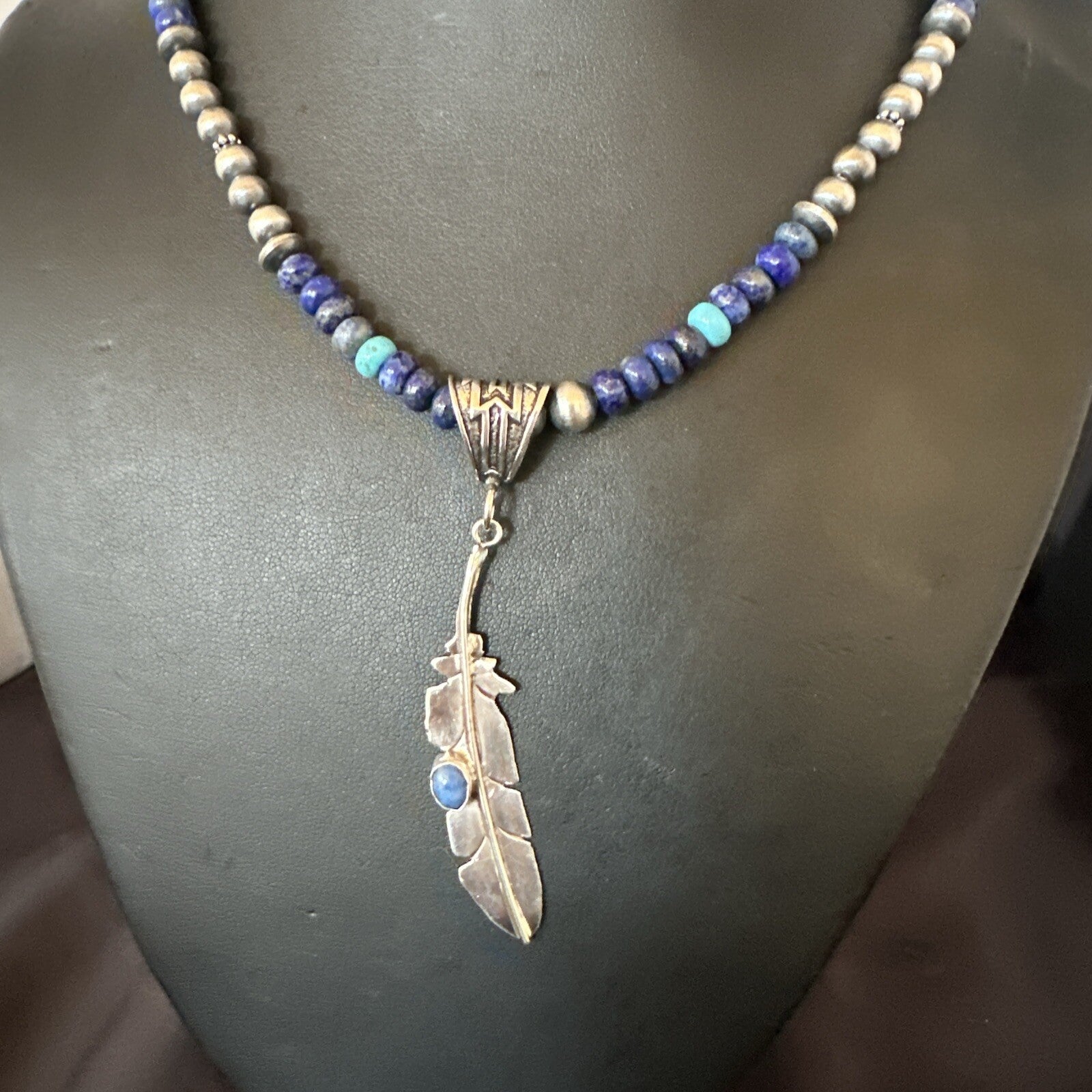 Blue Turquoise Lapis Feather Pendant Navajo Sterling Silver Necklace 21” 17789