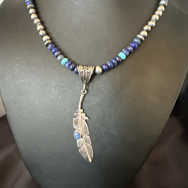 Blue Turquoise Lapis Feather Pendant Navajo Necklace 21" | Sterling Silver | Authentic Native American Handmade | 17789
