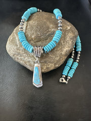 Blue Turquoise Inlay Pendant Navajo Necklace 20" | Sterling Silver | Authentic Native American Handmade | 19677