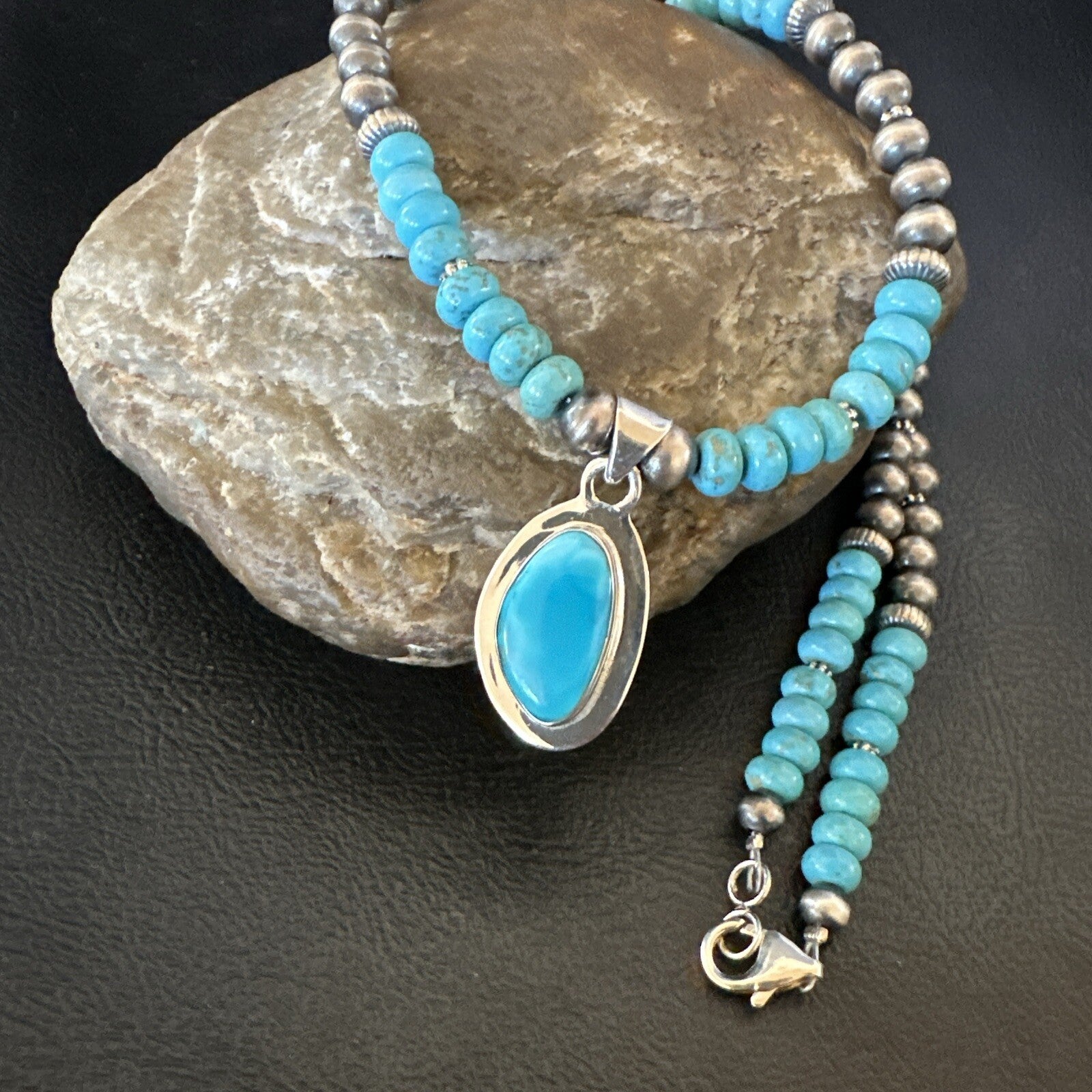 WoMens Blue Kingman Turquoise Pendant Navajo Sterling Silver Necklace 21" 18416