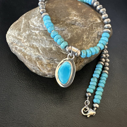 WoMens Blue Kingman Turquoise Pendant Navajo Sterling Silver Necklace 21" 18416