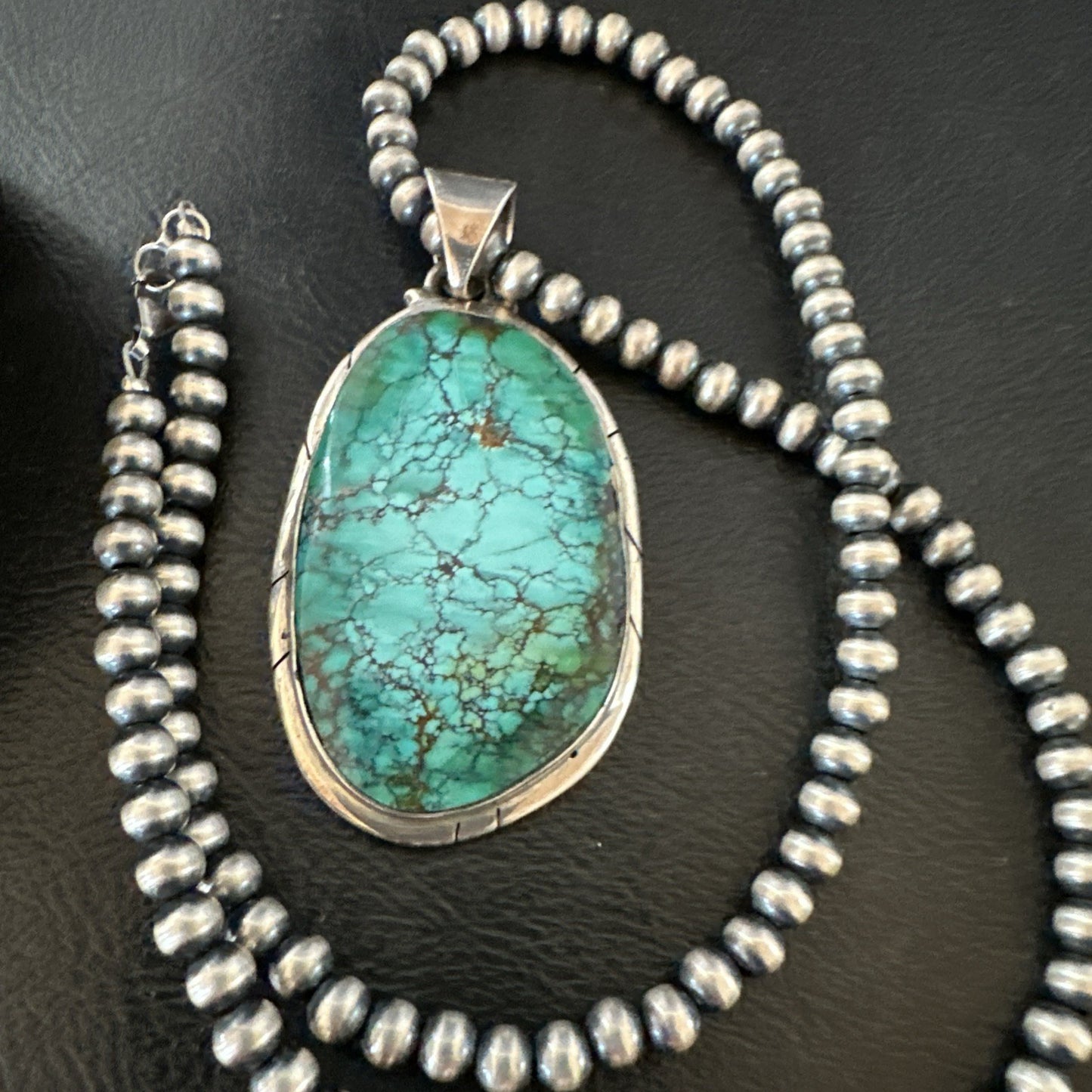 Blue  Green Spiderweb Turquoise Pendant  Sterling Silver Beads Necklace 19494