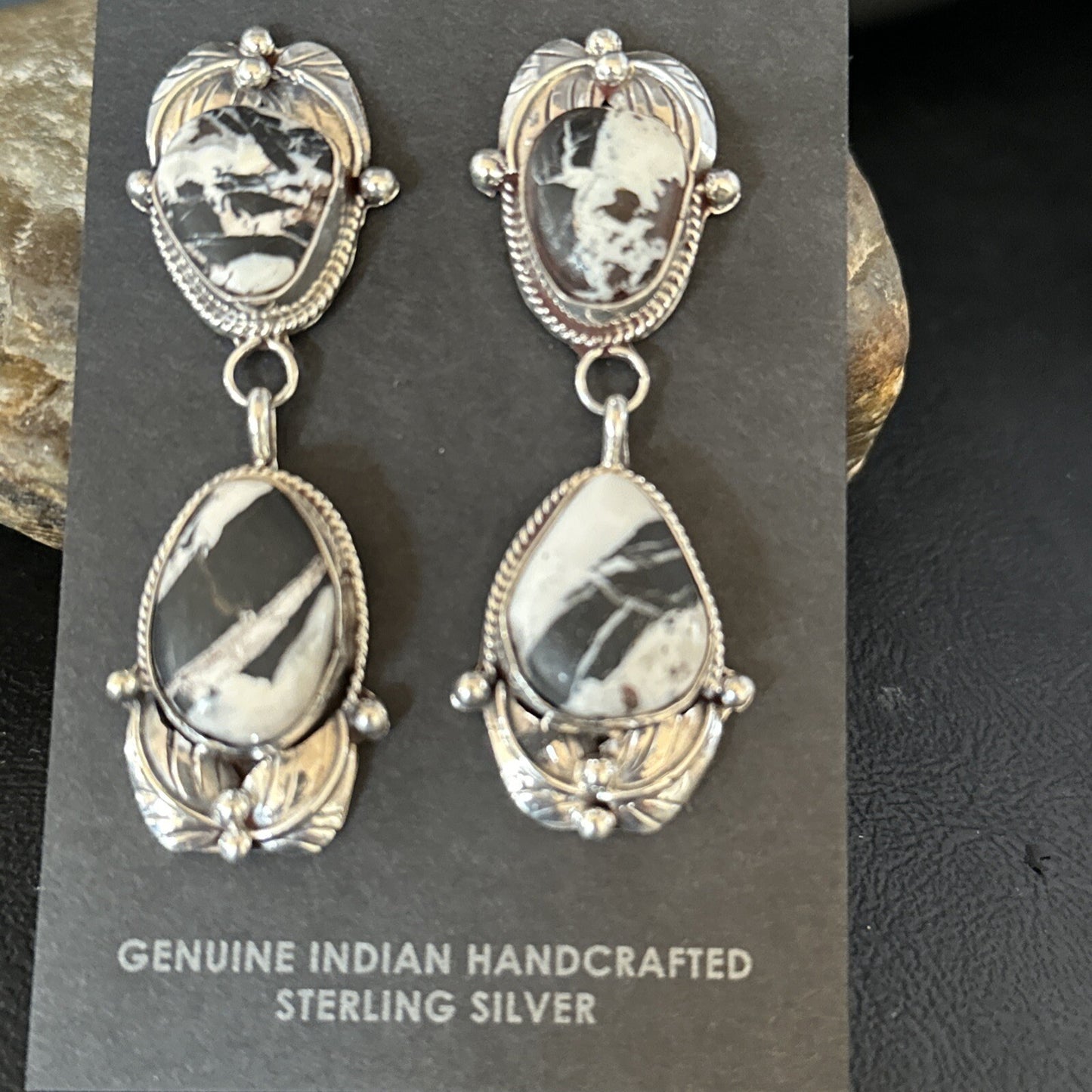 Women Navajo White Buffalo Turquoise Sterling Silver Dangle Earrings 2.5" 14743N
