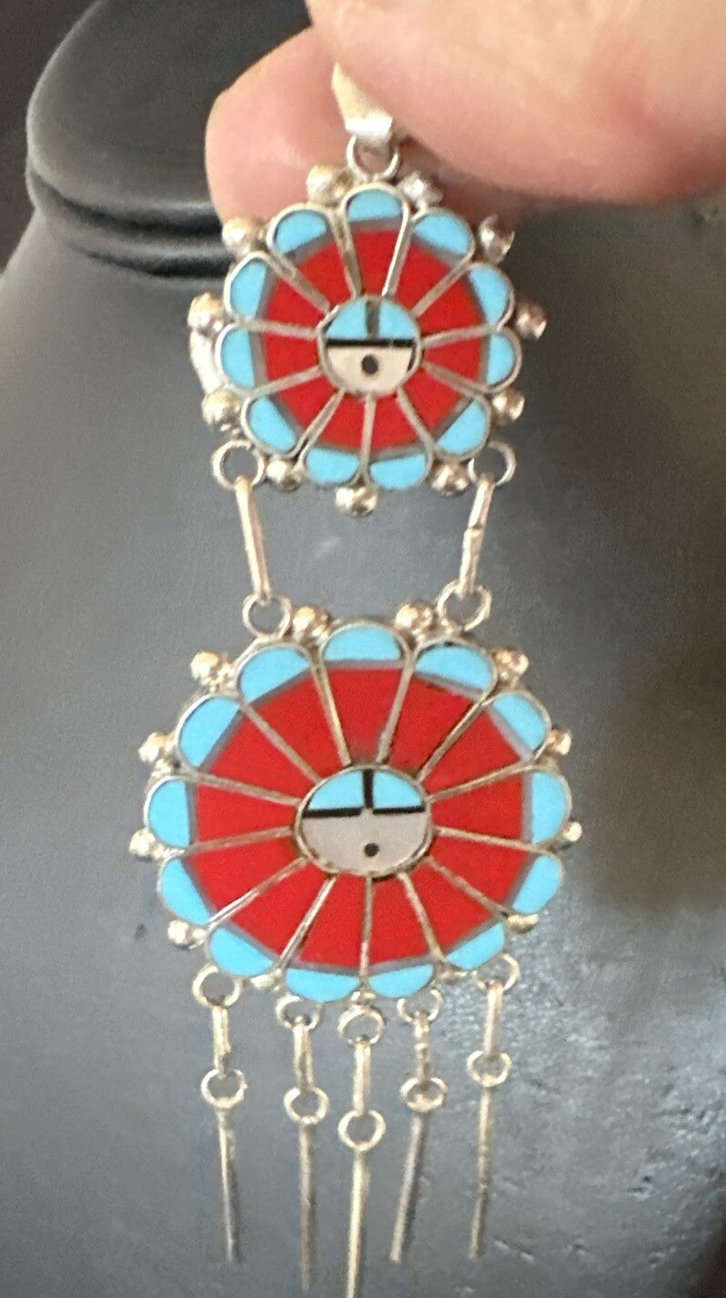 Sunface Zuni Inlay Turquoise Coral MOP Sterling Silver Pendant 3.5" 17771