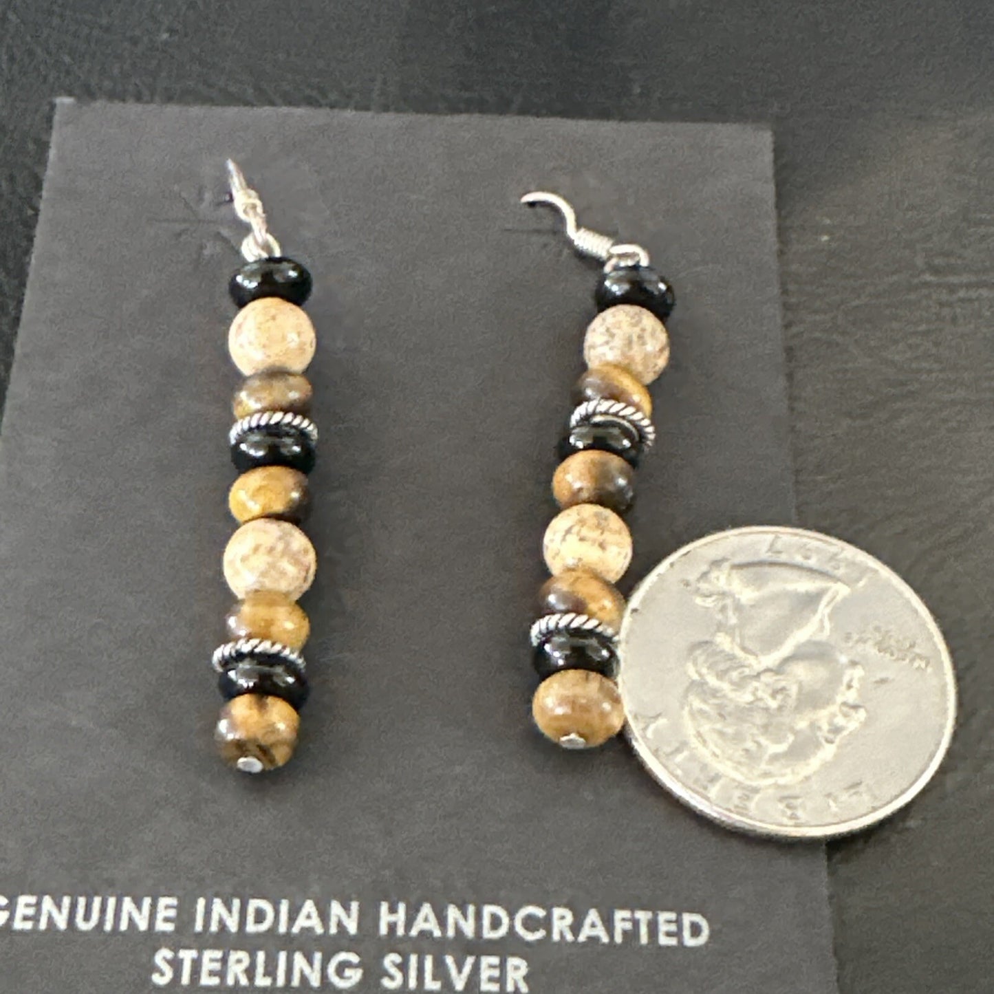 Navajo Sterling Silver Tigers Eye Picture Jasper Onyx Dangle Earrings 18721