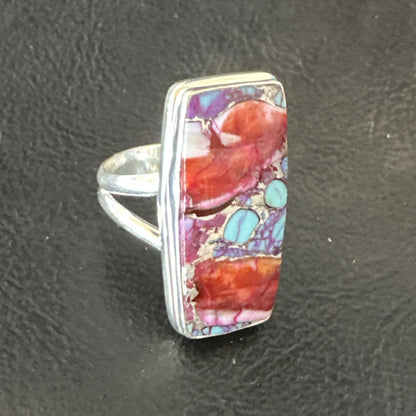 Blue Turquoise Spiny Oyster Southwestern Sterling Silver Ring Size 7 18491