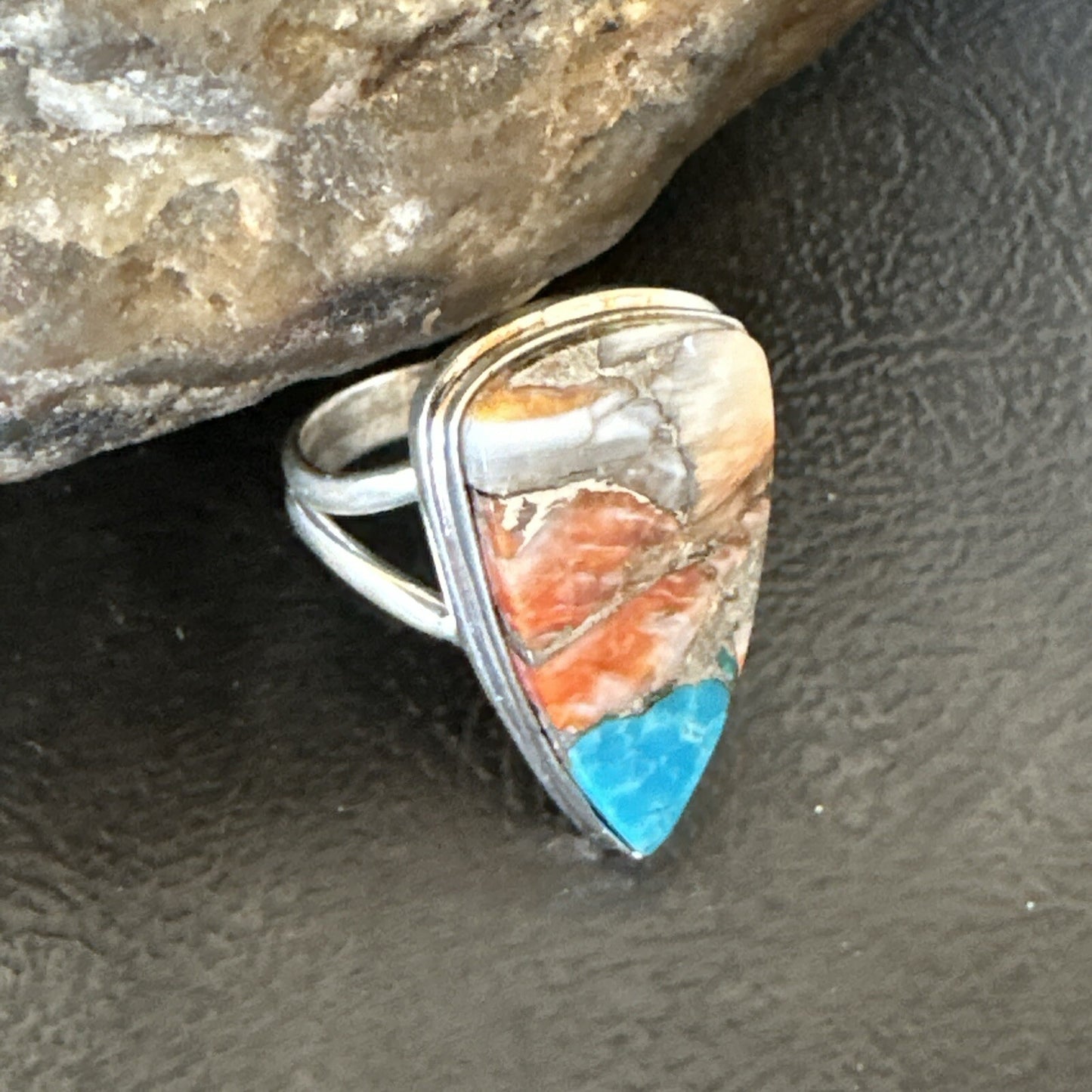 Blue Turquoise Spiny Oyster Southwestern Sterling Silver Ring Size 6 18470