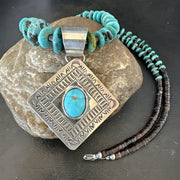 Navajo Blue Turquoise Stamped Pendant Shell 29"Necklace | Sterling Silver | Authentic Native American Handmade | 19704
