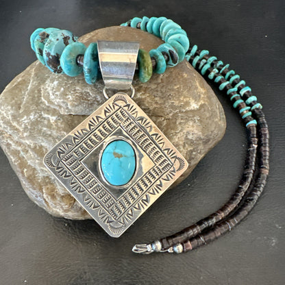 Navajo Blue Turquoise Stamped Pendant Shell Sterling Silver 29” Necklace 19704
