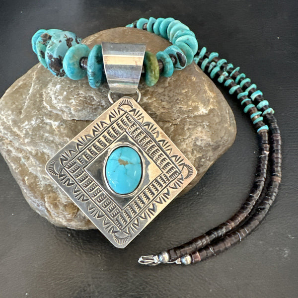 Navajo Blue Turquoise Stamped Pendant Shell 29"Necklace | Sterling Silver | Authentic Native American Handmade | 19704