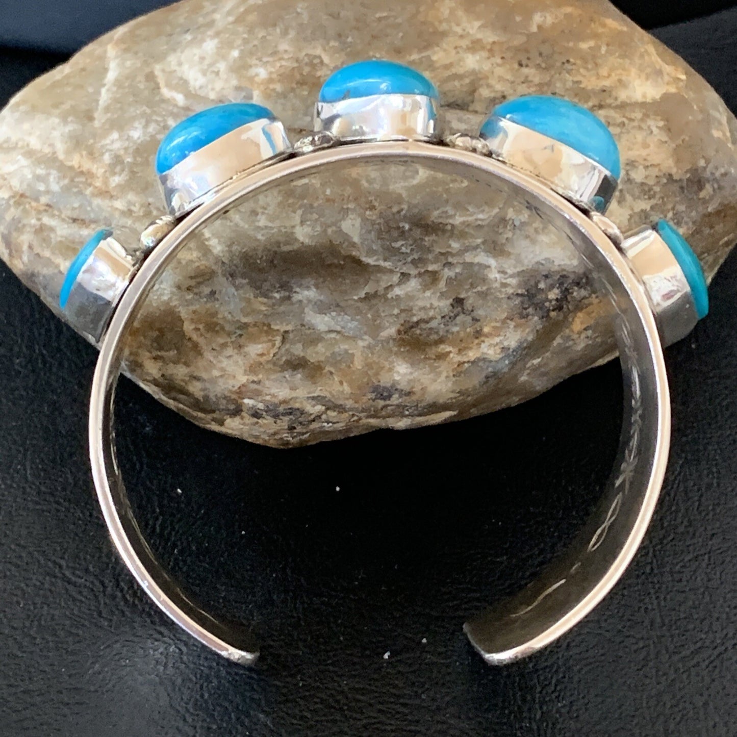 Kingman Turquoise Row Navajo Sterling Silver Cuff Bracelet 1410