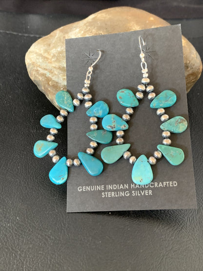 Blue Turquoise Bead Sterling Silver Beads Cluster Earrings 2" 13372N