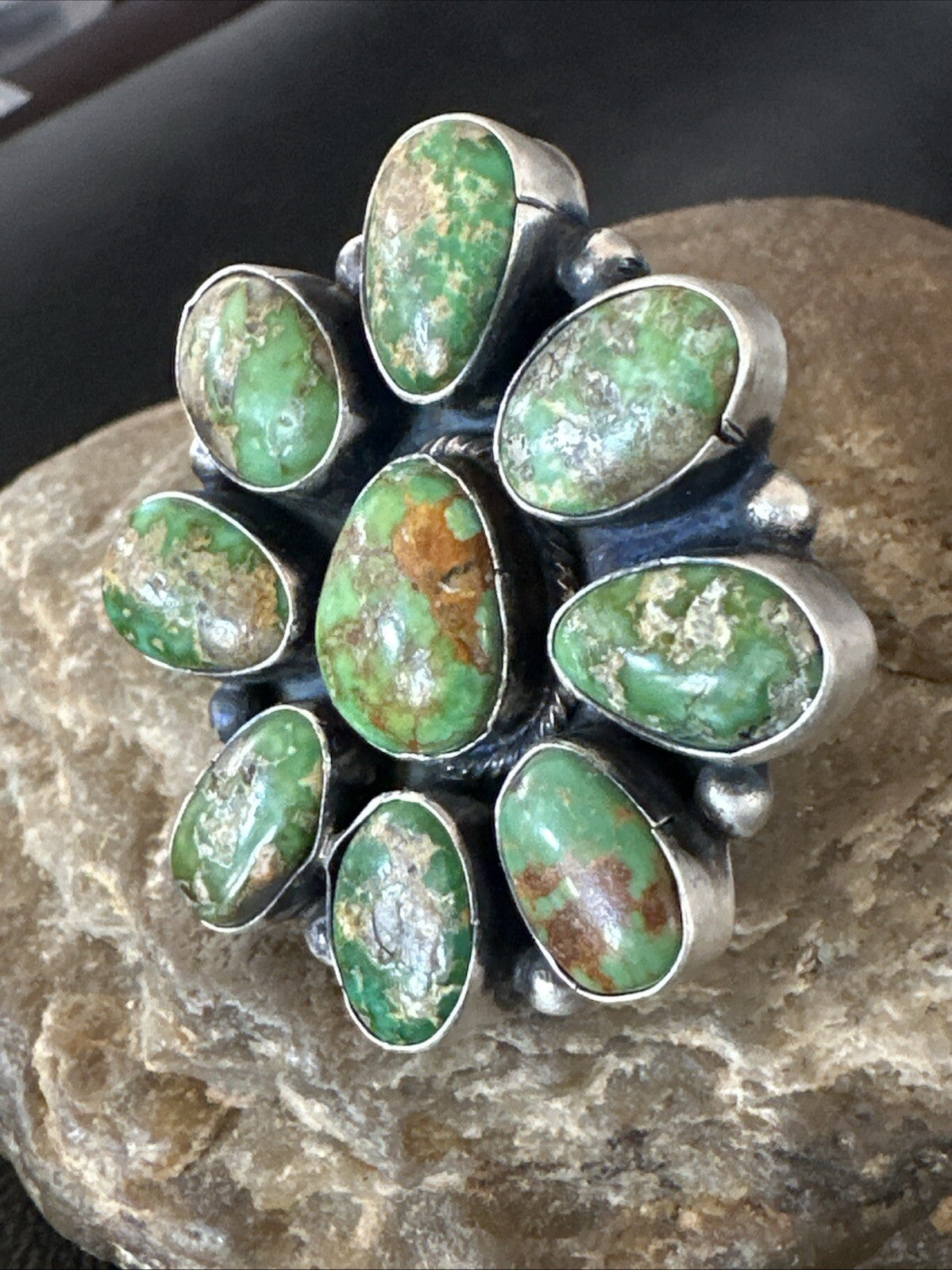 Navajo Sterling Silver Cluster Green Sonoran Gold Turquoise Ring Sz 8 18603