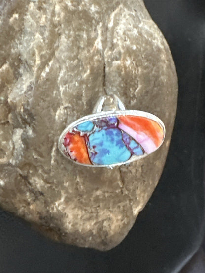 Blue Turquoise Spiny Oyster Southwestern Sterling Silver Ring Size 8 18437