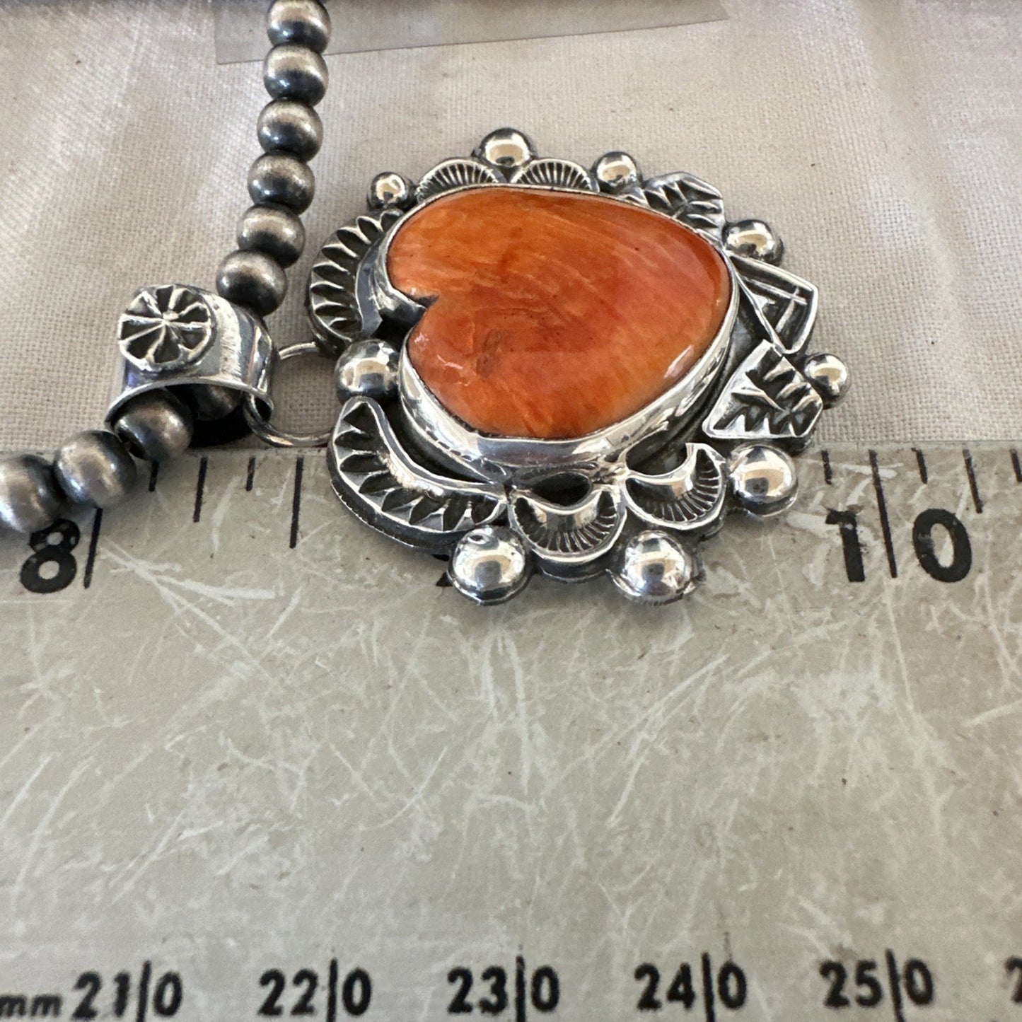 H Joe Orange Spiny Oyster Heart Pendant Navajo Sterling Silver Necklace 19486