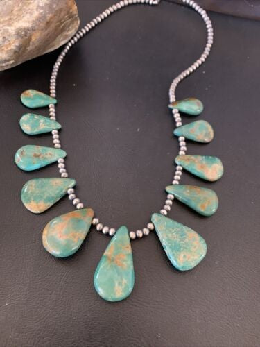 Navajo Pearls Royston Turquoise Teardrop Necklace Sterling Silver 12003