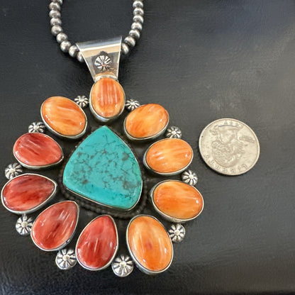 XL Turquoise Orange Spiny Cluster Pendant Navajo Sterling Silver Necklace 18400