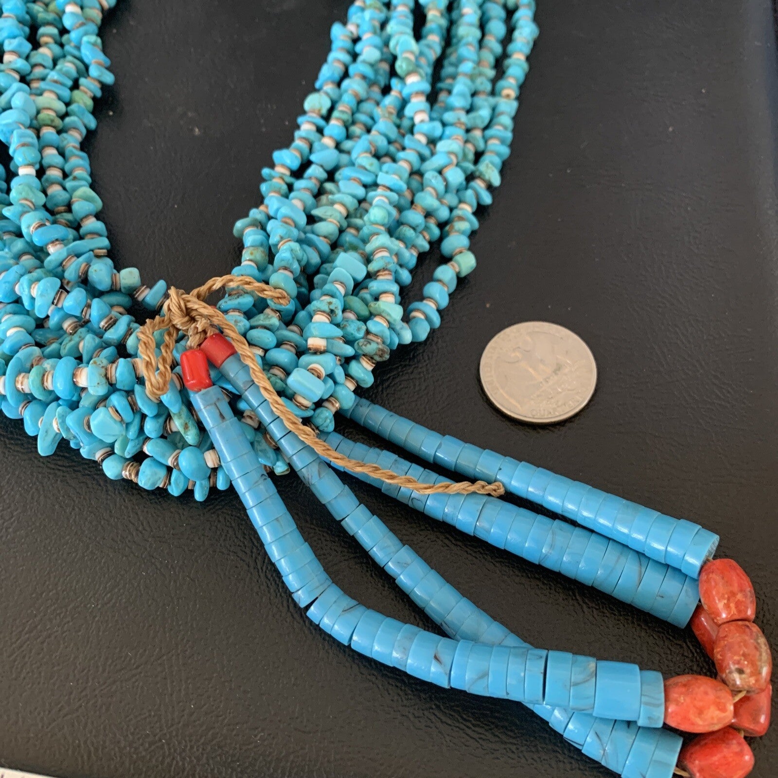 Native American Santo Domingo Blue Turquoise Coral 10S 38in Necklace 19031