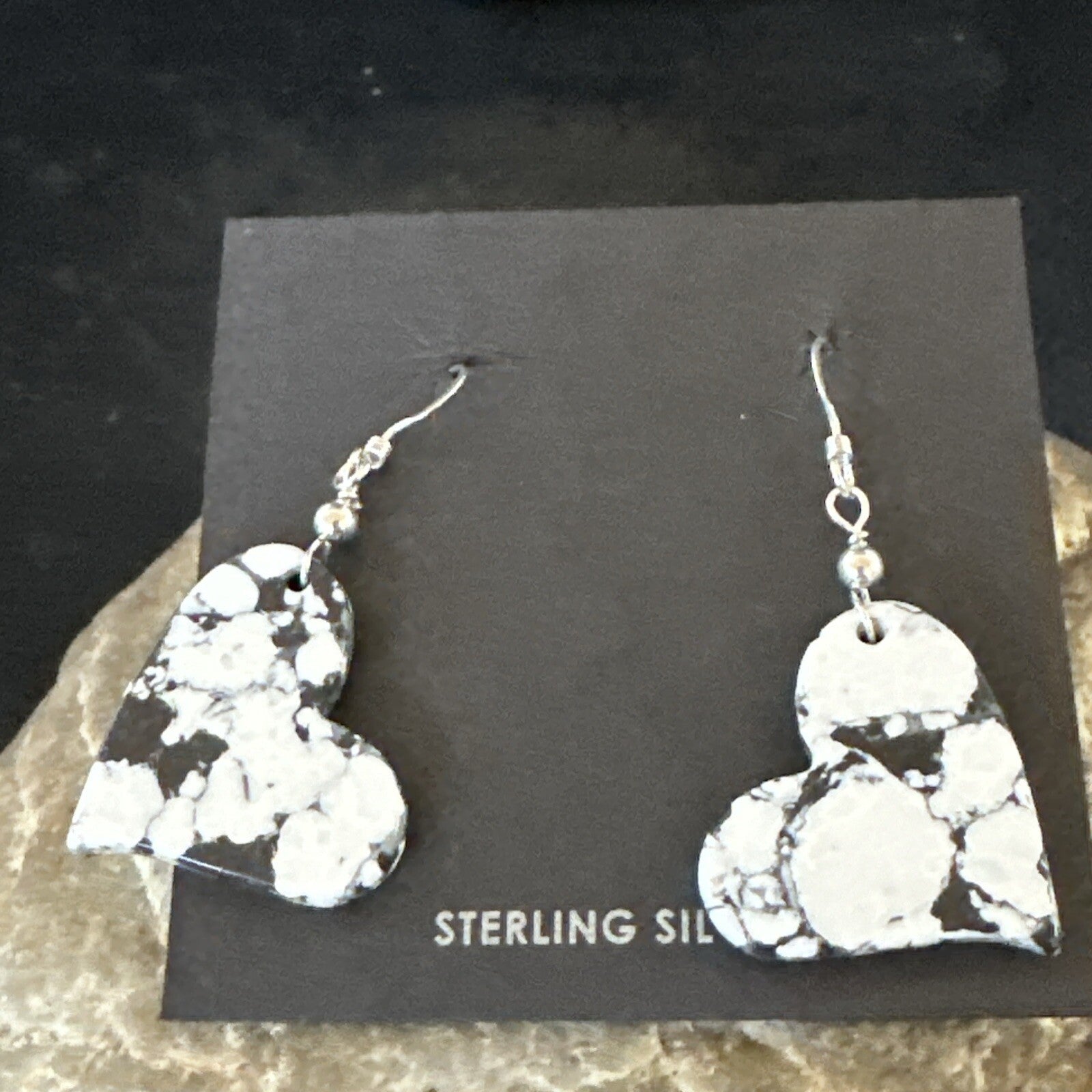 Heart Navajo Slab White Buffalo Turquoise Sterling Silver Earrings 17879