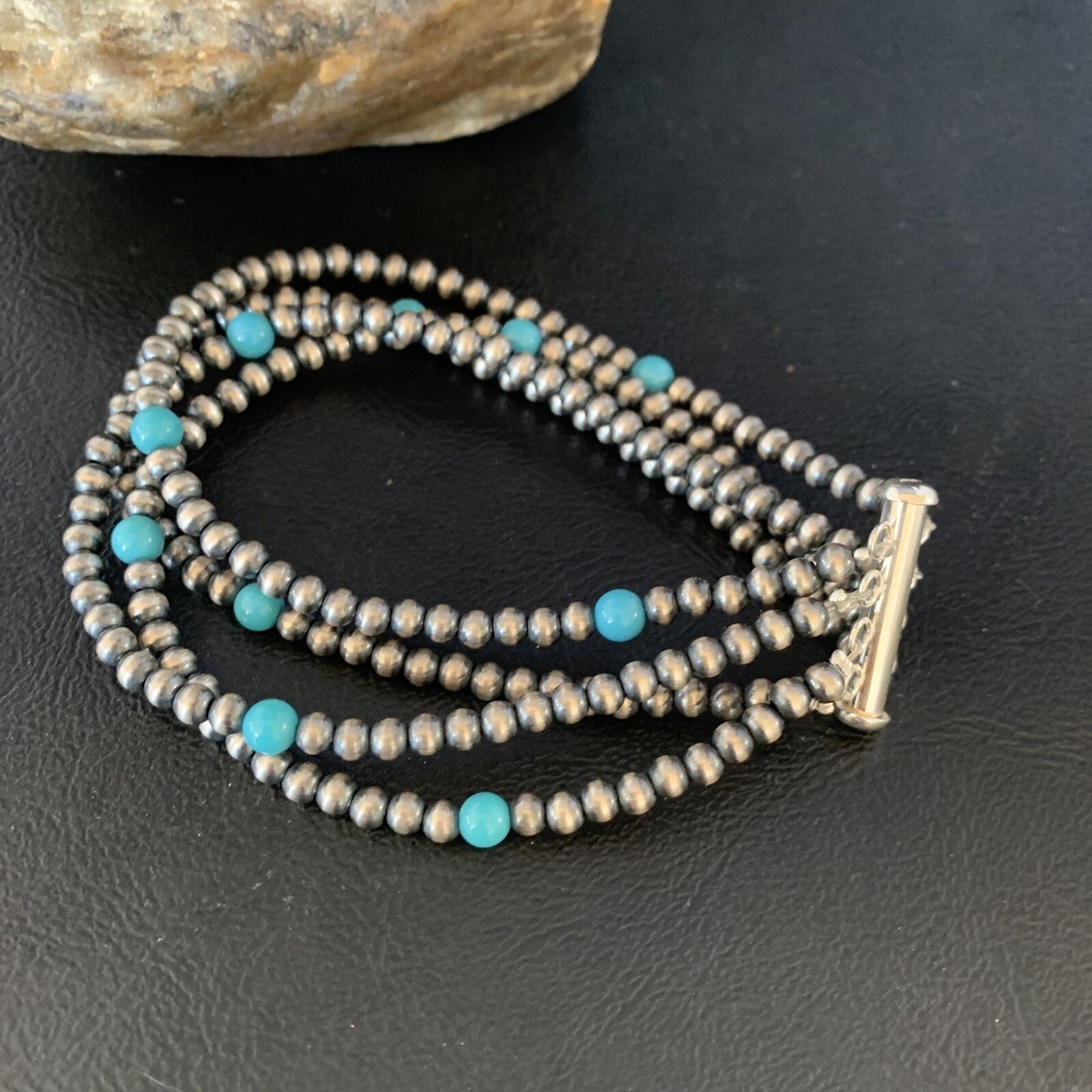 Native Navajo Sterling Silver Beads Blue Turquoise Bracelet 4 Strands 13587
