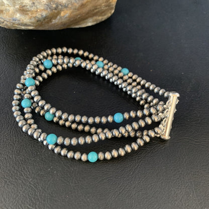 Native Navajo Sterling Silver Beads Blue Turquoise Bracelet 4 Strands 13587