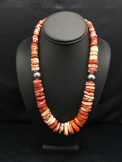 Native American Red Spiny Oyster Navajo Sterling Silver Necklace 20" 04026