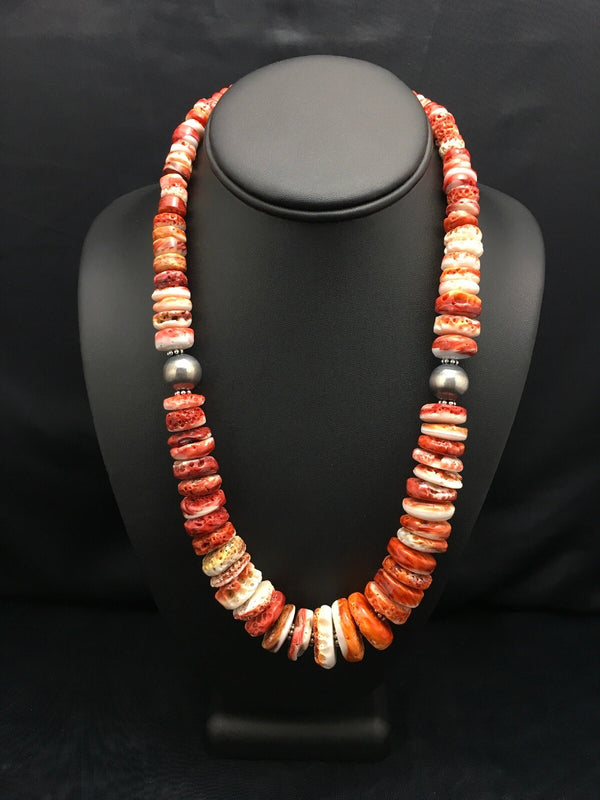 Red Spiny Oyster Navajo Necklace 20" | Sterling Silver | Authentic Native American Handmade | 04026