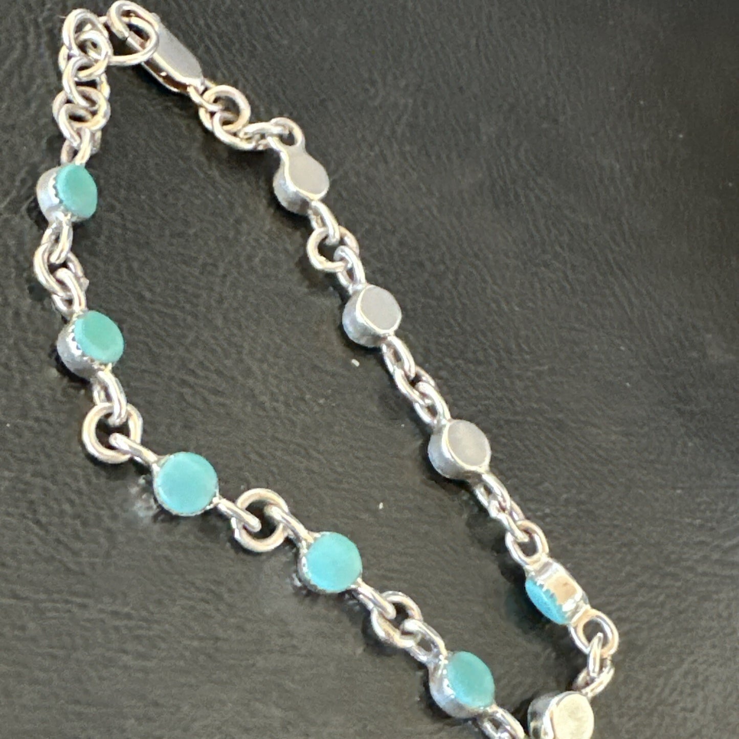Blue Turquoise Navajo Old Pawn Sterling Silver Link Bracelet 7.5" 18129