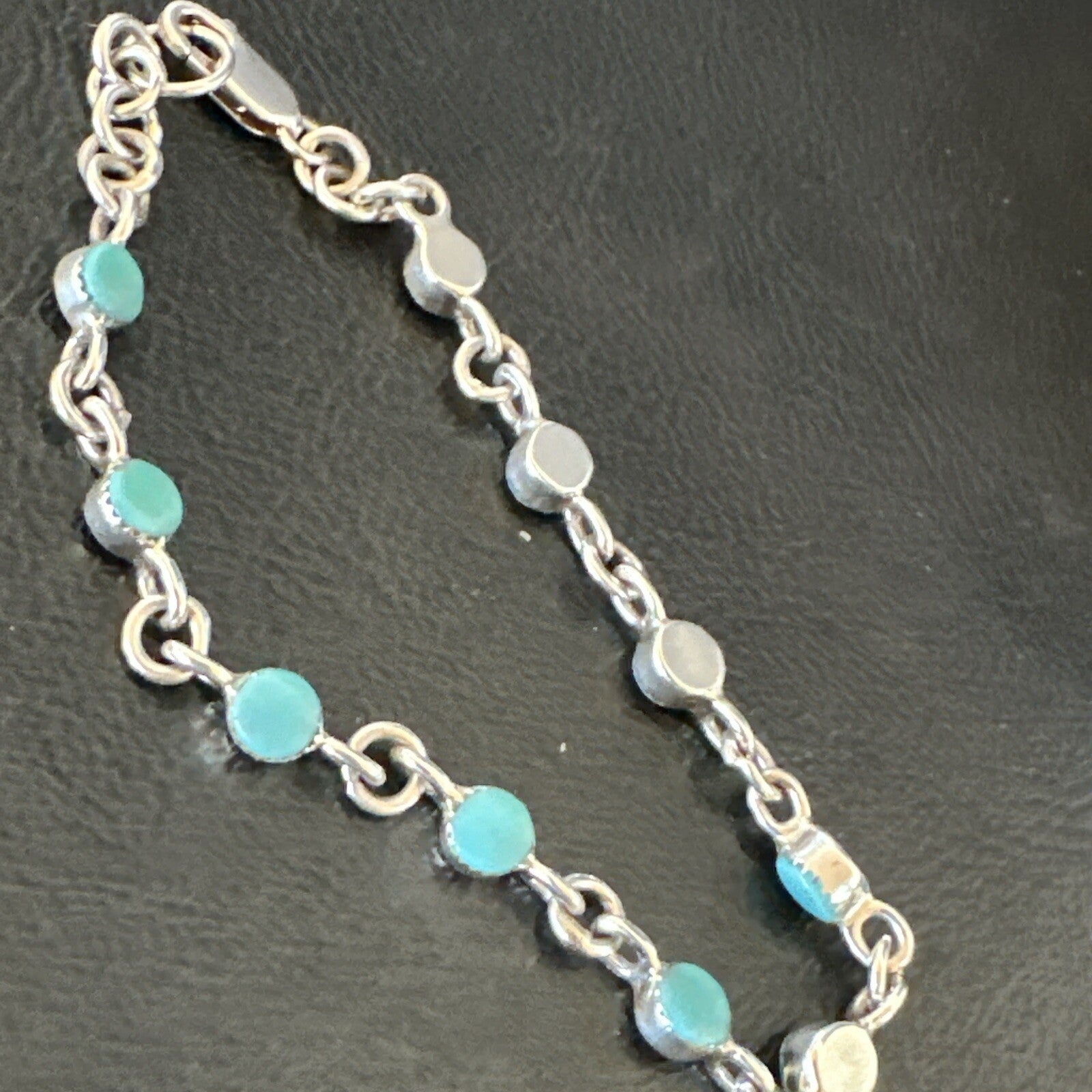 Blue Turquoise Navajo Old Pawn Sterling Silver Link Bracelet 7.5" 18129