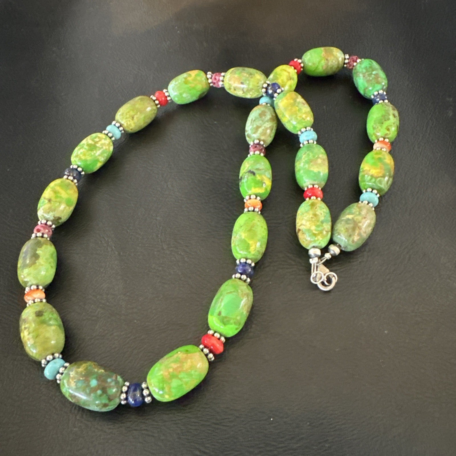 Green Turquoise Multicolor Southwestern Sterling Silver Necklace 22" 19247