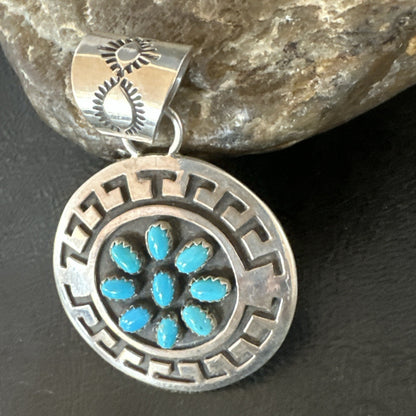 Cluster Blue Kingman Turquoise Navajo Sterling Silver Pendant 2" 19287