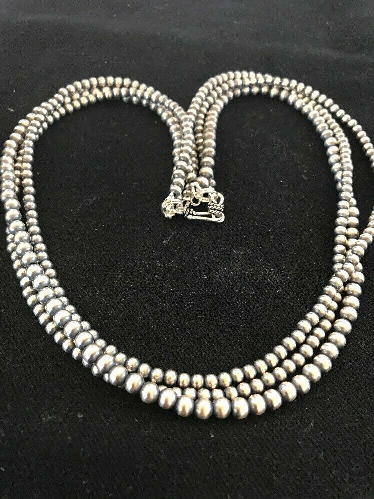 Native American 4, 5, 6 mm Sterling Silver Beads 3 Strand 36” Necklace
