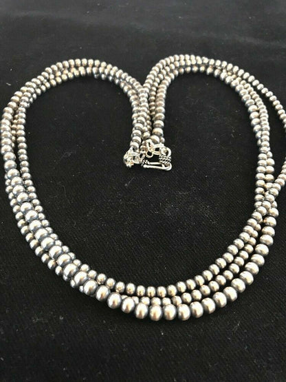 Native American 4, 5, 6 mm Sterling Silver Beads 3 Strand 36” Necklace