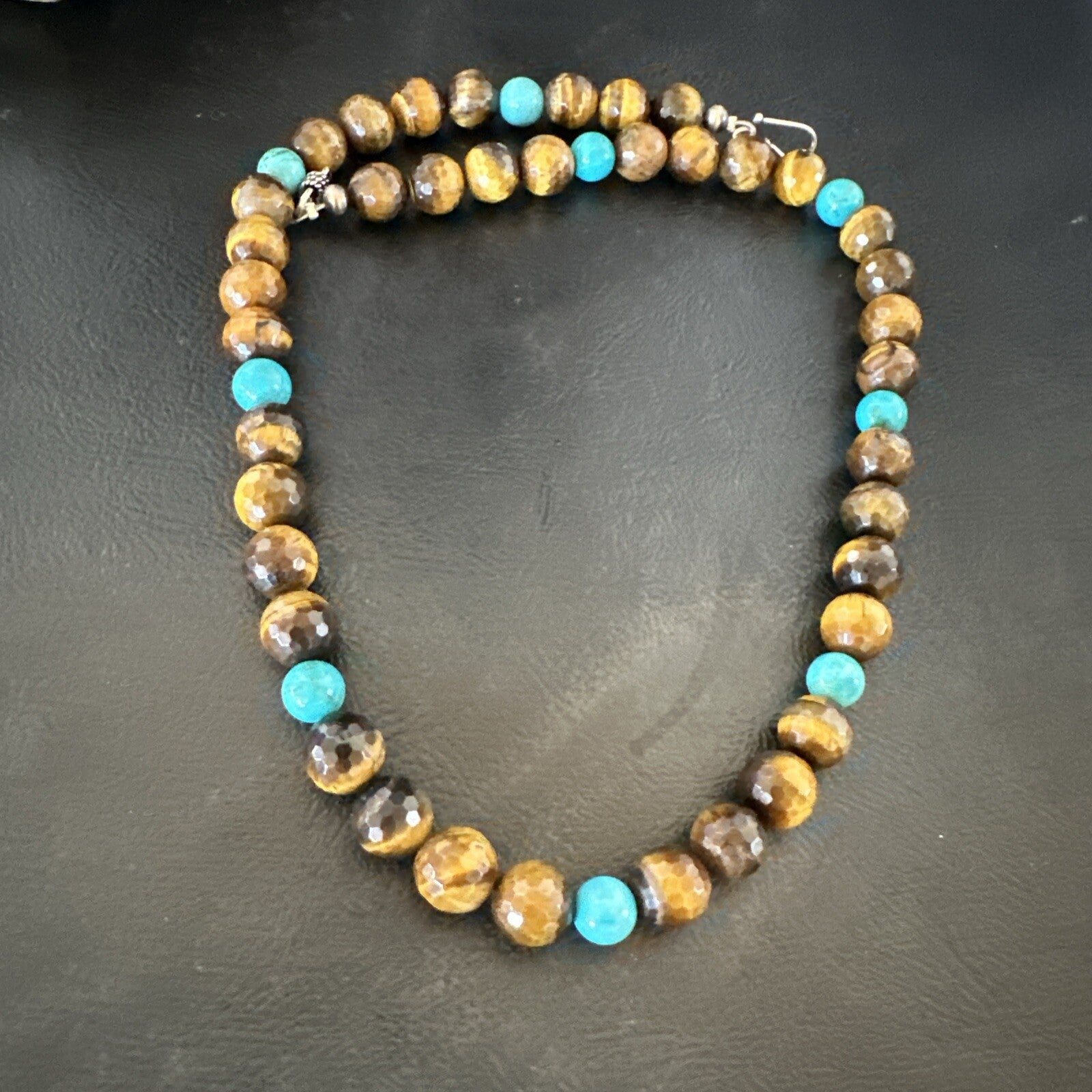 WoMens Tiger Eye Blue Turquoise  Sterling Silver Beads Necklace 19” 18169