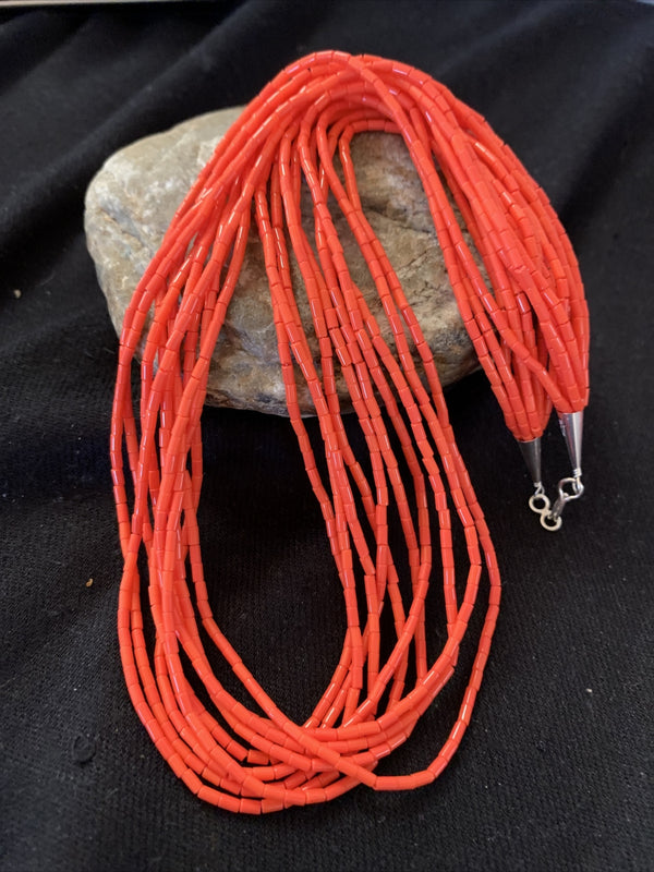 Red Stabilized Coral Heishi Tube 10S Necklace 24"13323N | Sterling Silver | Authentic Native American Handmade