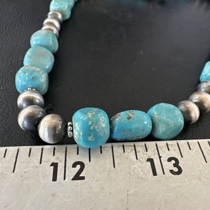 WoMens Blue Turquoise Nugget Navajo Pearls Sterling Silver Necklace 93416