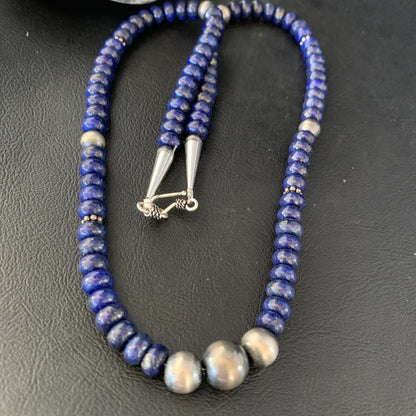 Mens Blue Lapis Lazuli Navajo Pearls Sterling Silver Necklace 24” 13956