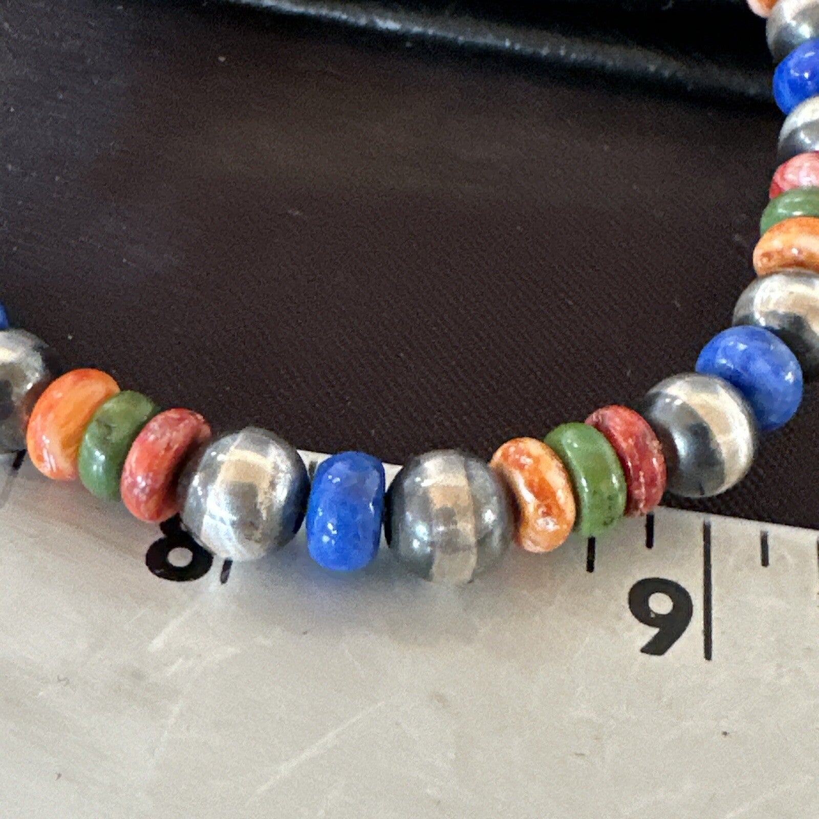 Multicolor Lapis Turquoise Stretch Bead Bracelet Navajo Sterling Silver 17908