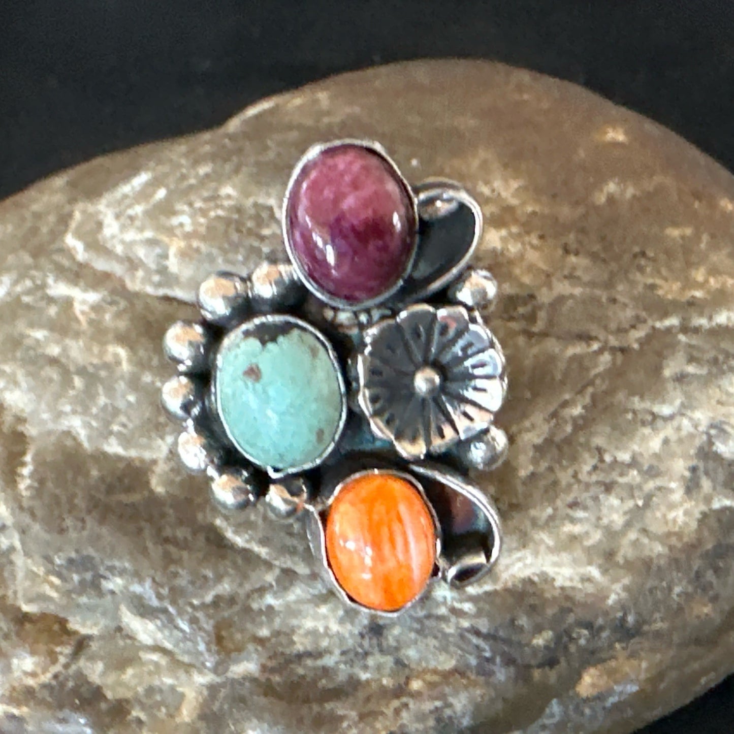 Multicolor Ring Turquoise Spiny Navajo Sterling Silver Cluster Size 8.5 19181
