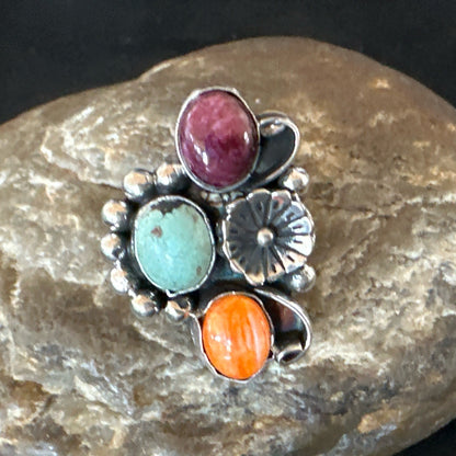 Multicolor Ring Turquoise Spiny Navajo Sterling Silver Cluster Size 8.5 19181