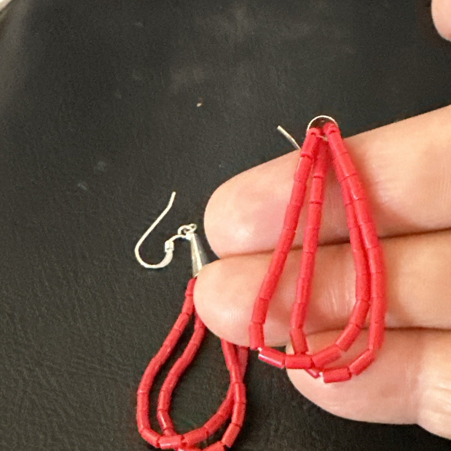 Native Red Coral Heishi Tube Liquid Sterling Silver Dangle Earrings 2" 4394