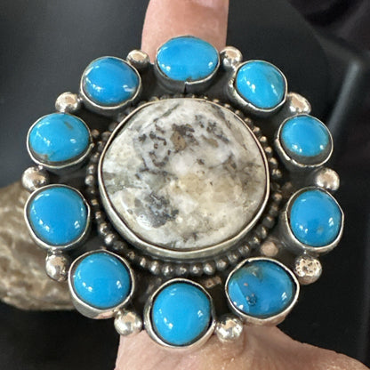 White Buffalo Kingman Turquoise Navajo Sterling Silver Cluster Ring Size 9 18396