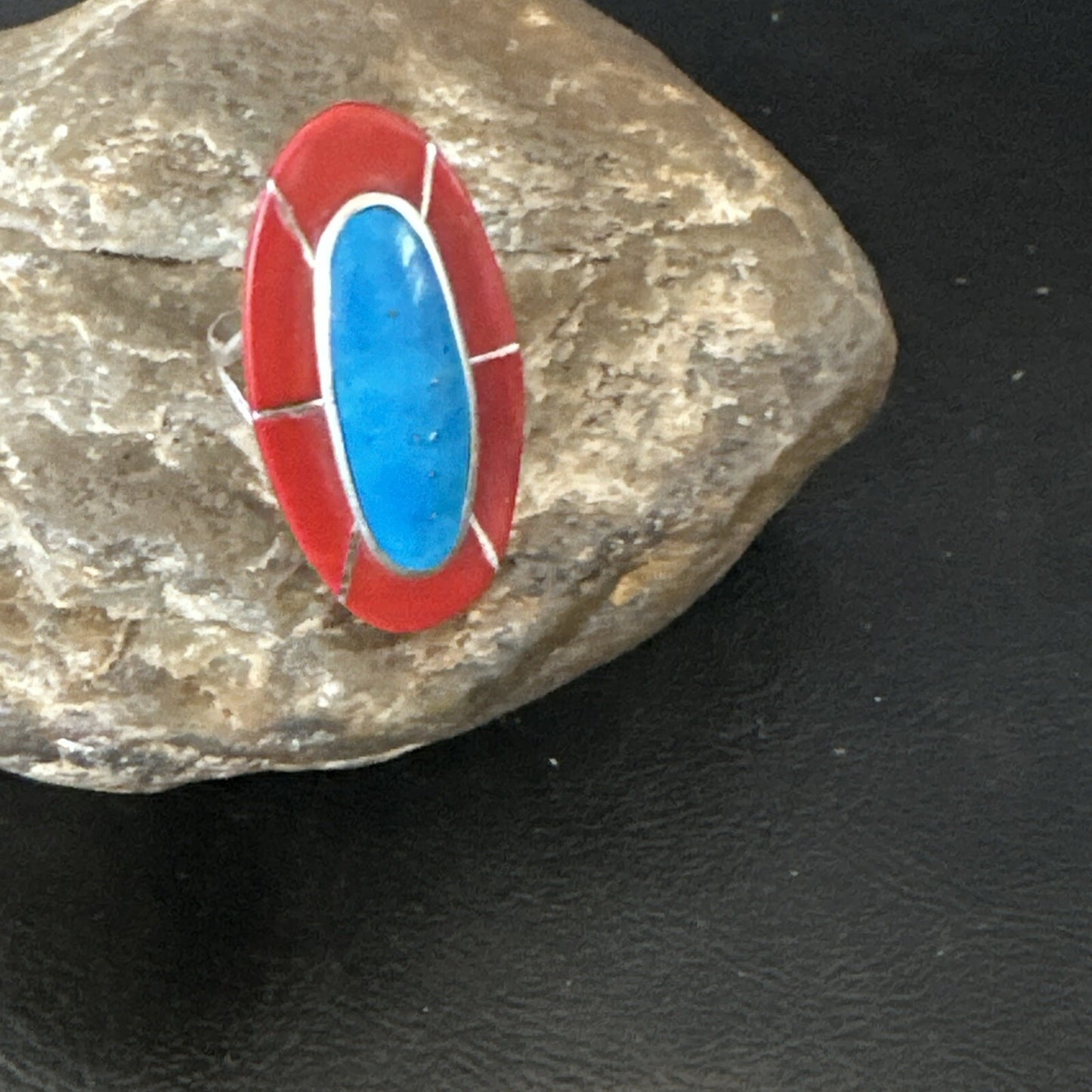 Blue Turquoise Coral Navajo Sterling Silver Ring Size 7.5 18767