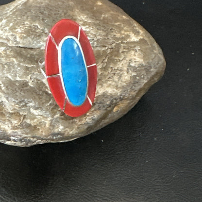 Blue Turquoise Coral Navajo Sterling Silver Ring Size 7.5 18767
